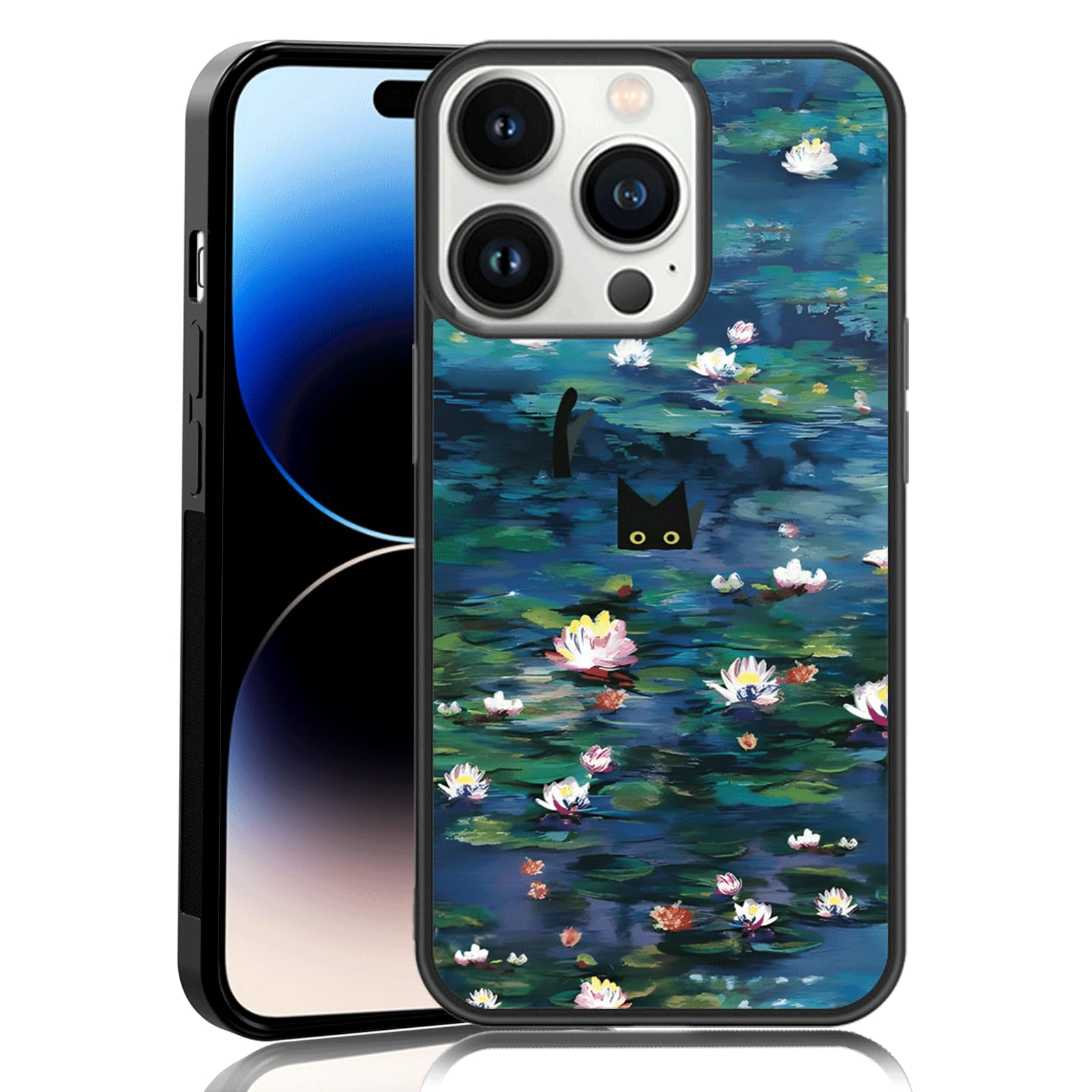 MMYAJT Water Lilies Phone Case Fit for iPhone 14 Pro — TPU Shockproof Protective Monet Waterlily Cat Flowers Phone Cover Gift for Boy Girl Men Women