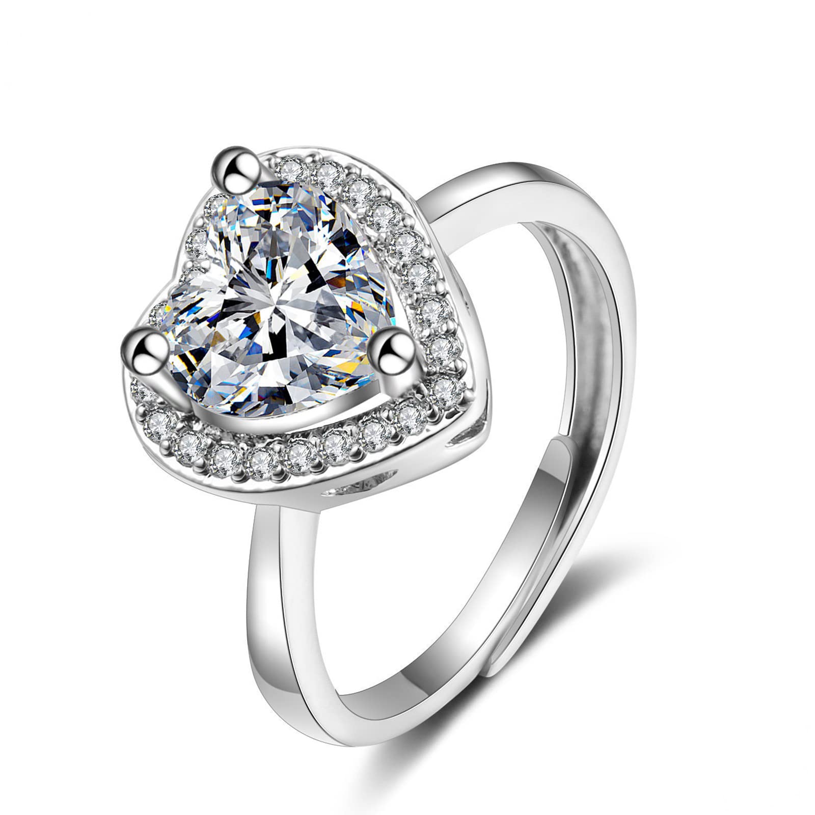 anillo de mujer, Anillo de oro blanco 9 quilates for mujer, anillo bodas ajustable doble corazón con moissanita