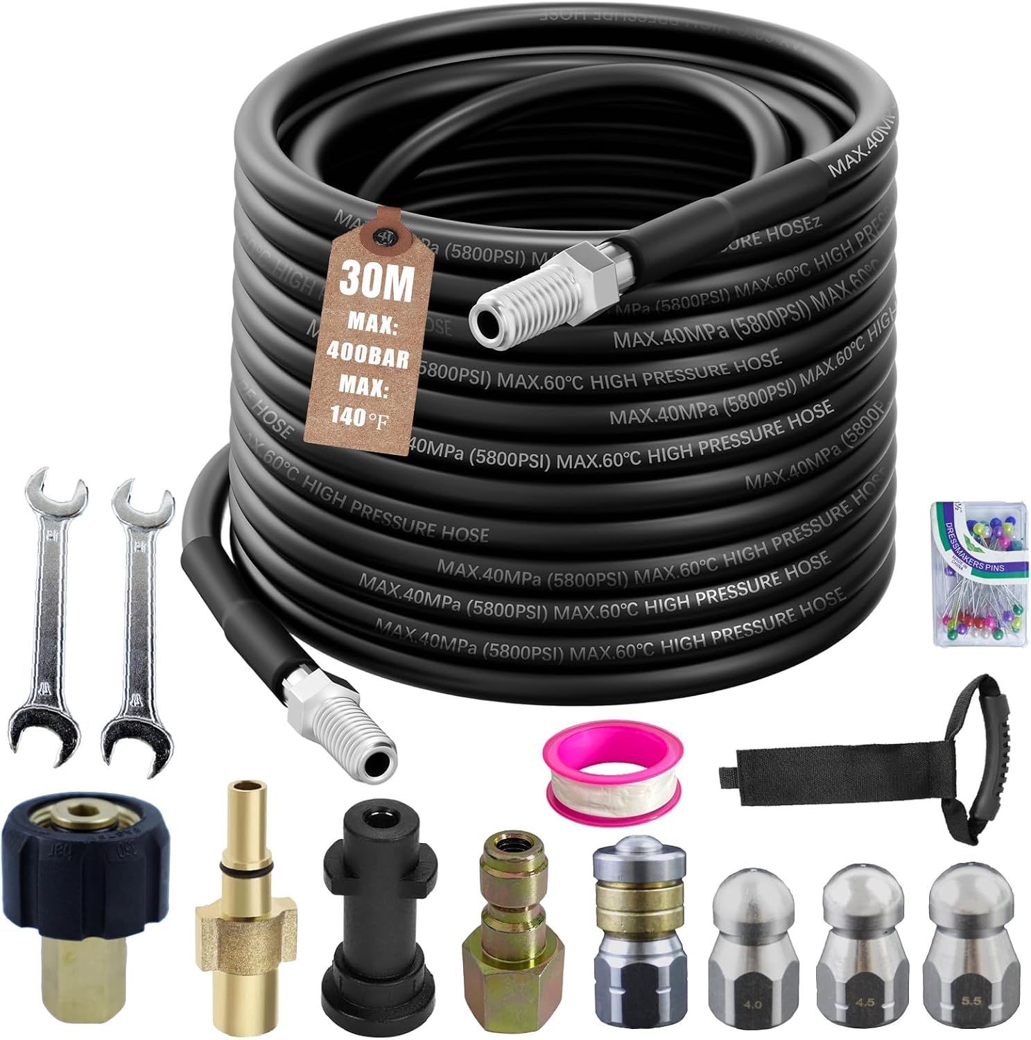 Rohrreinigungsschlauch Set 30m,kompatibel mit Kärcher k2-k7, Lavor, Bosch Hochdruckreiniger,400 Bar / 5800PSI, universal Rohrreinigungsset for Blocked Drains, Gutters & Downpipes
