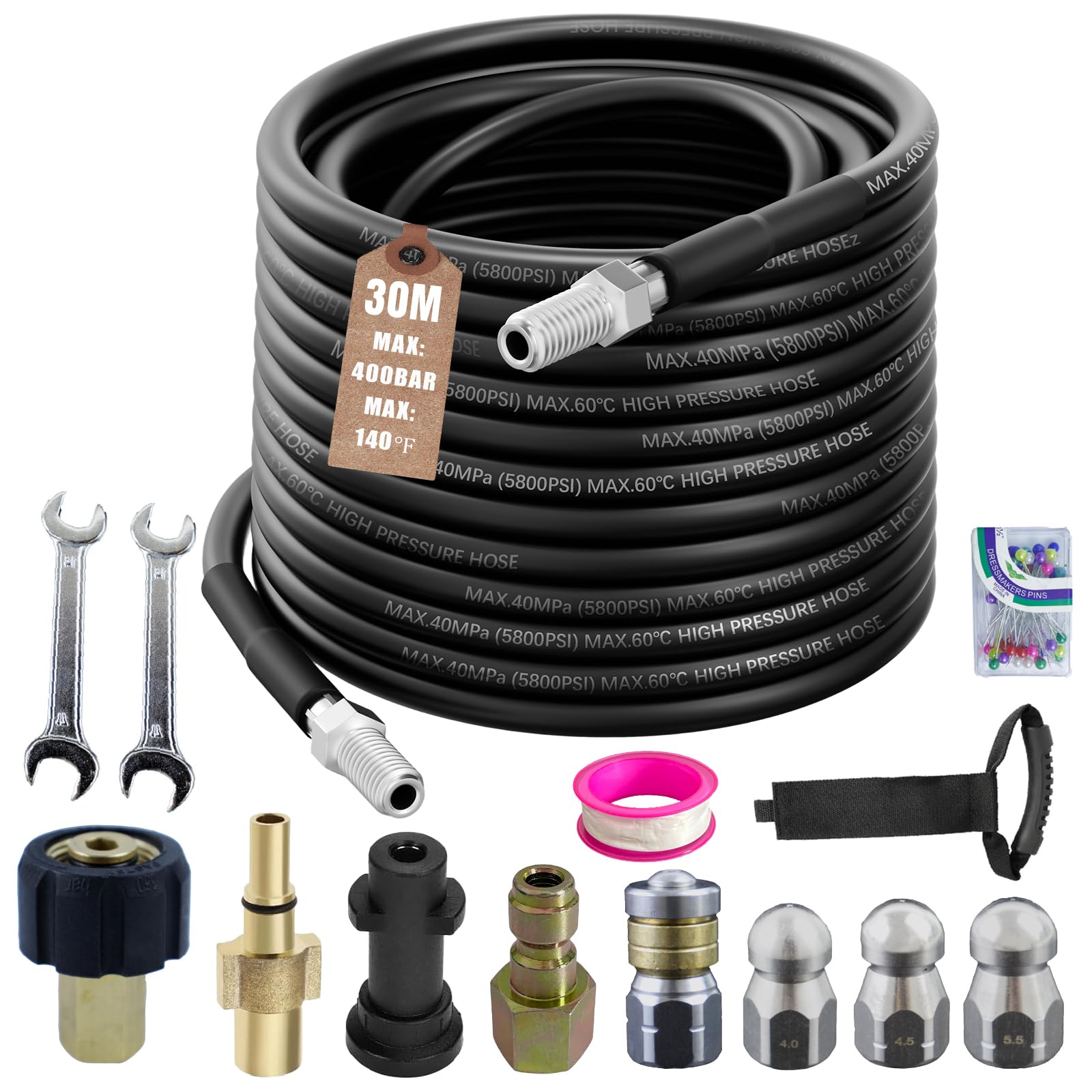 Rohrreinigungsschlauch Set 30m,kompatibel mit Kärcher k2-k7, Lavor, Bosch Hochdruckreiniger,400 Bar / 5800PSI, universal Rohrreinigungsset for Blocked Drains, Gutters & Downpipes