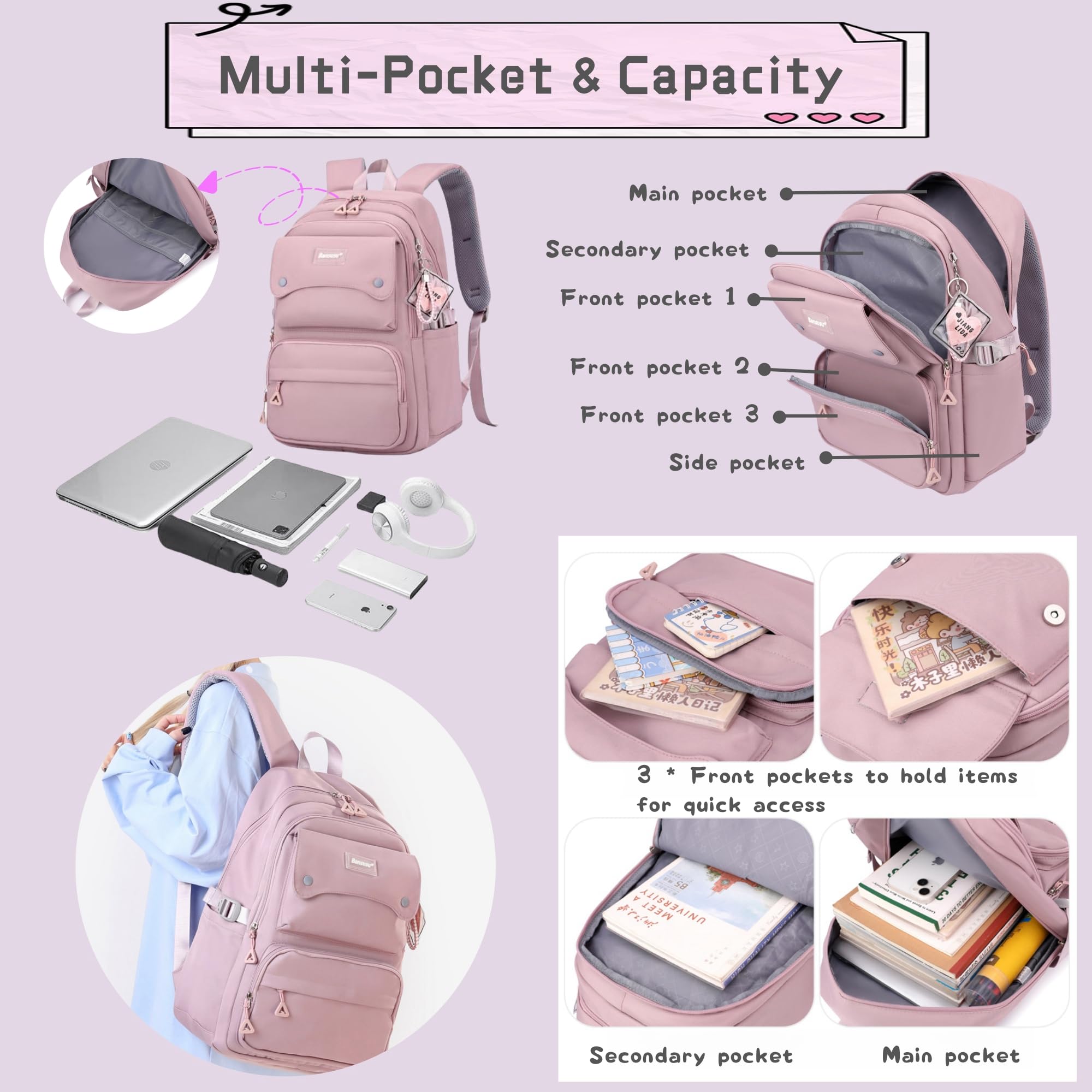 Lot de 3 sacs à dos et sac à déjeuner pour filles de couleur unie, 3 pièces - violet, 29L