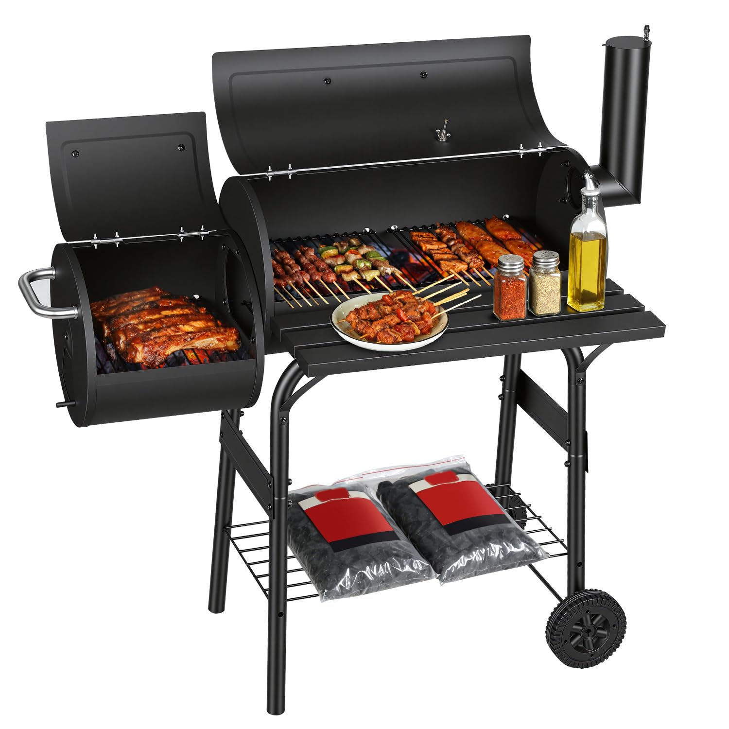 Barbacoa de carbón vegetal multifuncional con termómetro, ahumador y función de parrilla, barbacoa con tapa, ruedas, carro de barbacoa con regulación de aire