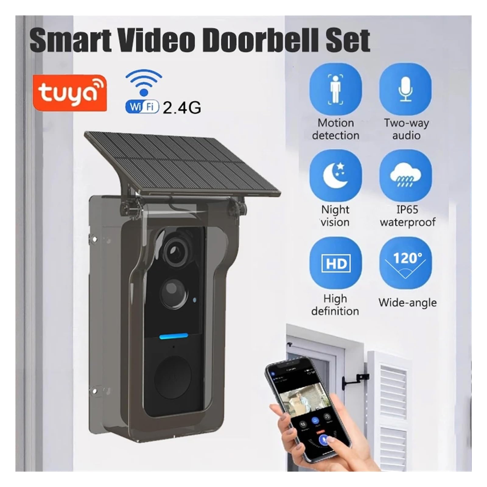 Tuya - Timbre WiFi con cubierta solar para lluvia, timbre inalámbrico con video (timbre negro)