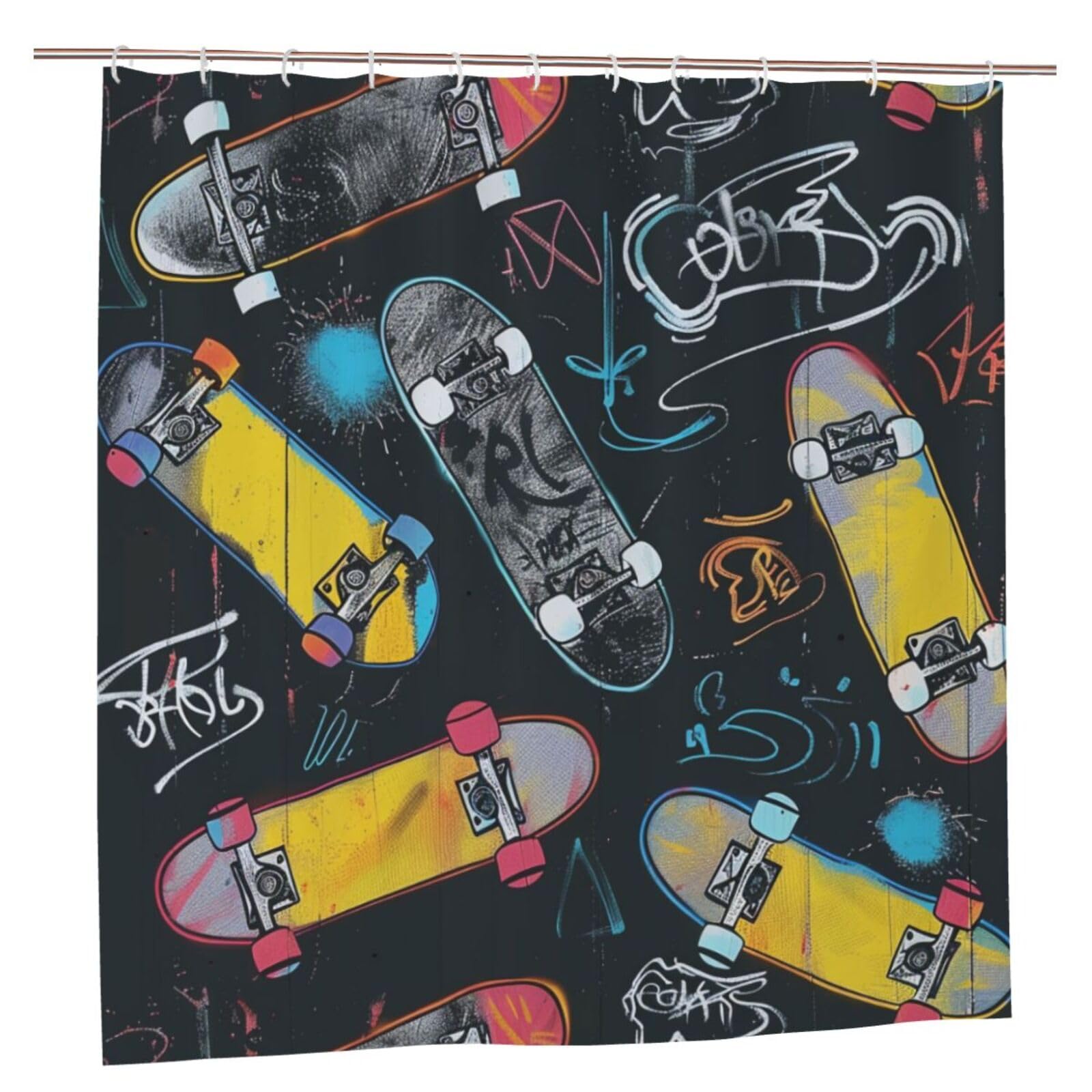 BWWHCCTI Graffiti Skateboard Printed Shower Curtain With 12 Plastic Hooks Opaque Quick Drying Waterproof Shower Curtains Sets For Bathroom 183x183 CM