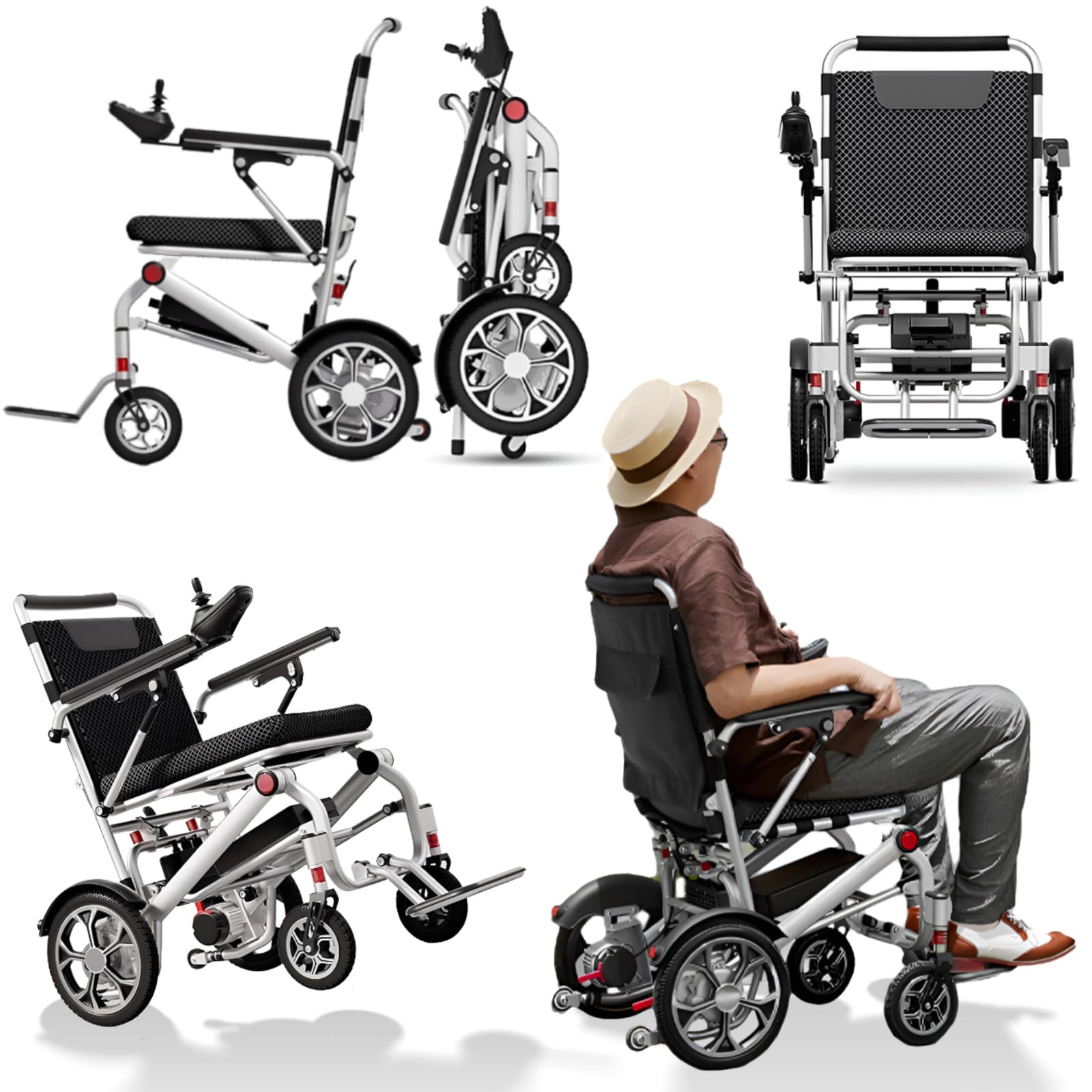 Silla de ruedas eléctrica plegable Silla de ruedas eléctrica ligera, Silla de ruedas eléctrica plegable, Silla de ruedas eléctrica para interiores y viajes, Largo alcance, Soporte 150 kg, 12AH