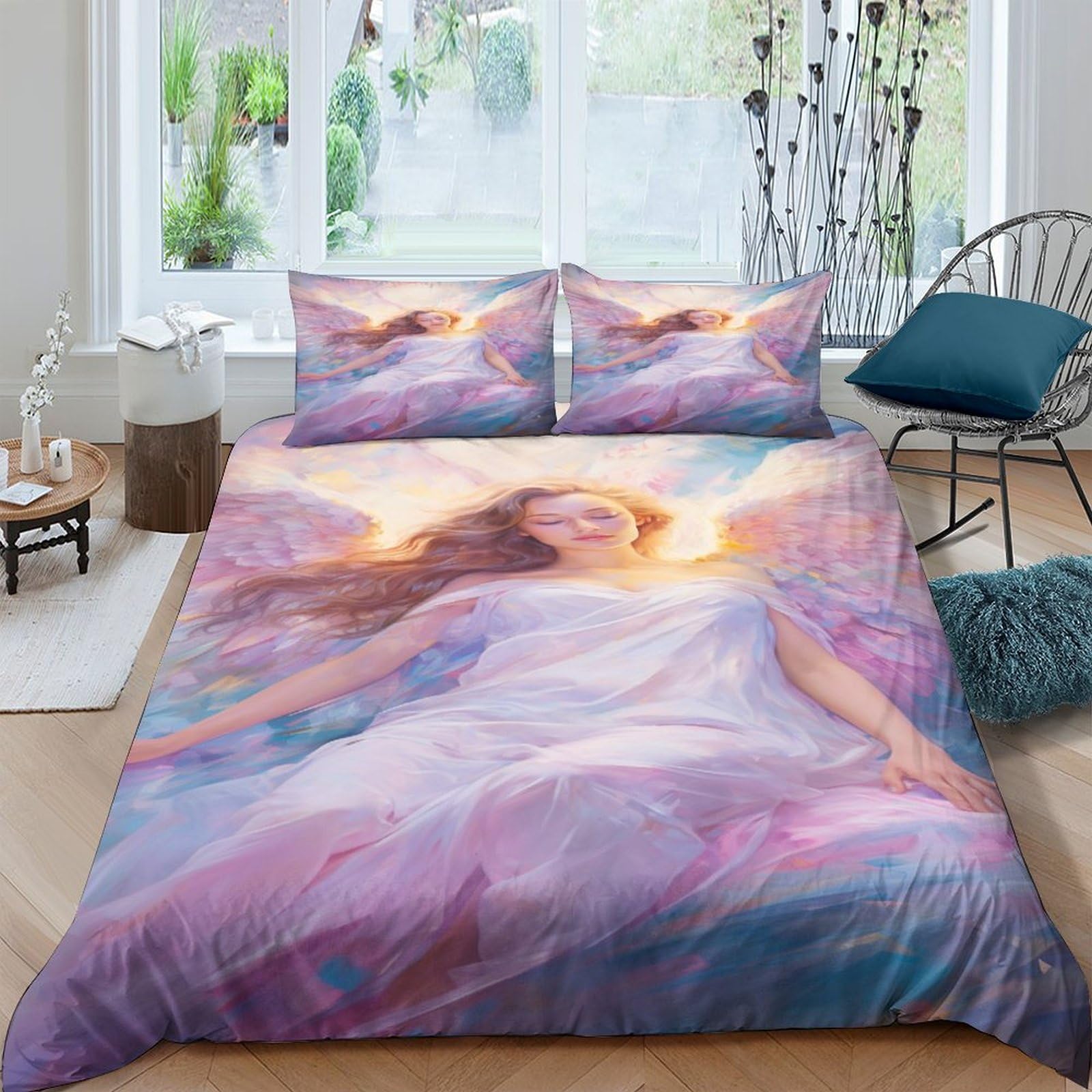 Aaharya Angel Bedding Set,3D Fairy Elf Duvet Cover With Pillowcases, For Soft Microfiber Quilt Cover With Zipper Closure 3 Piece Set Double（200X200cm）