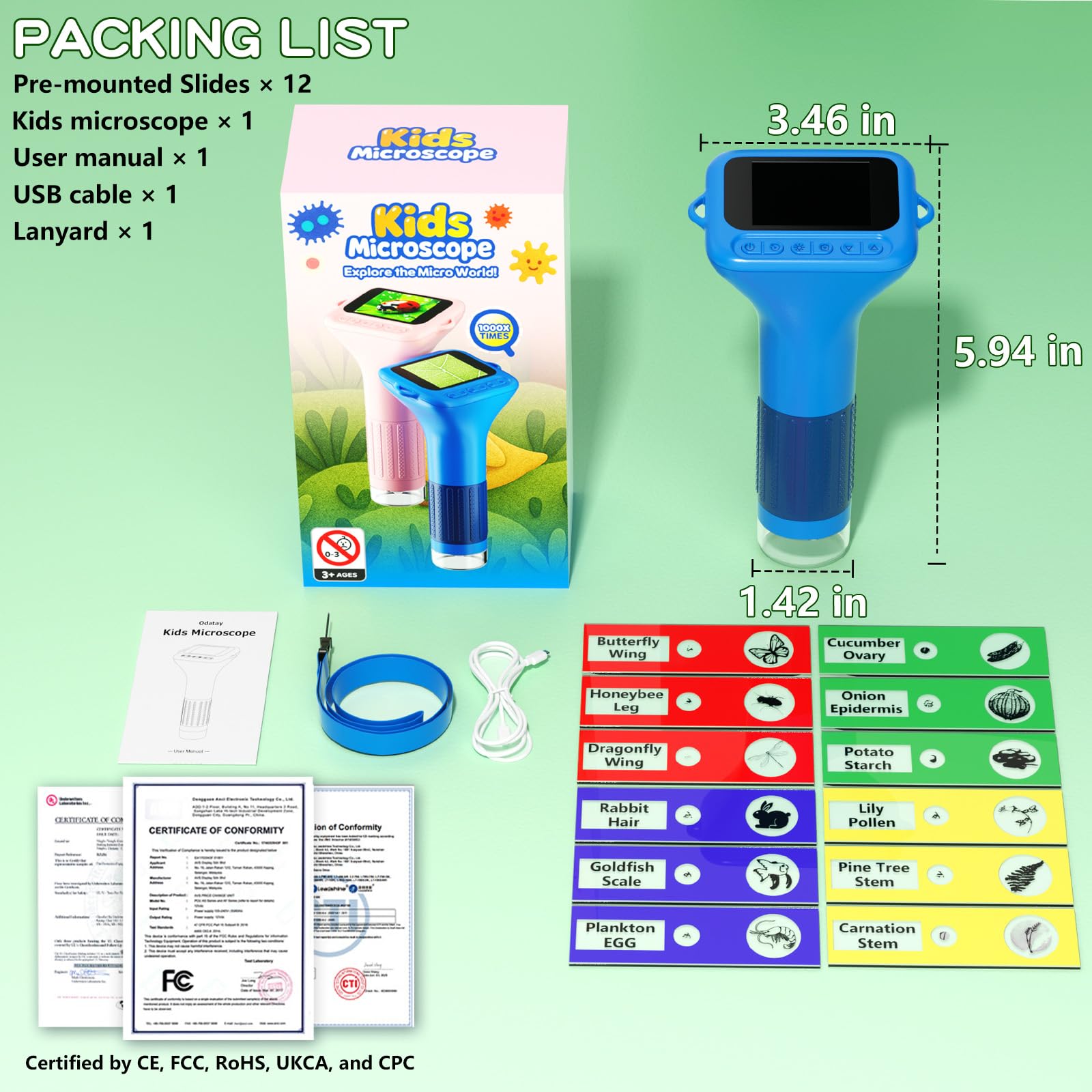 Odatay Microscopio per bambini con 12 vetrini, 100X-1000X 1080P, mini microscopio portatile tascabile per bambini, giocattoli scientifici, idea regalo per bambini di 3+ 4 5 6 7 8 9 10 11 12 anni, blu
