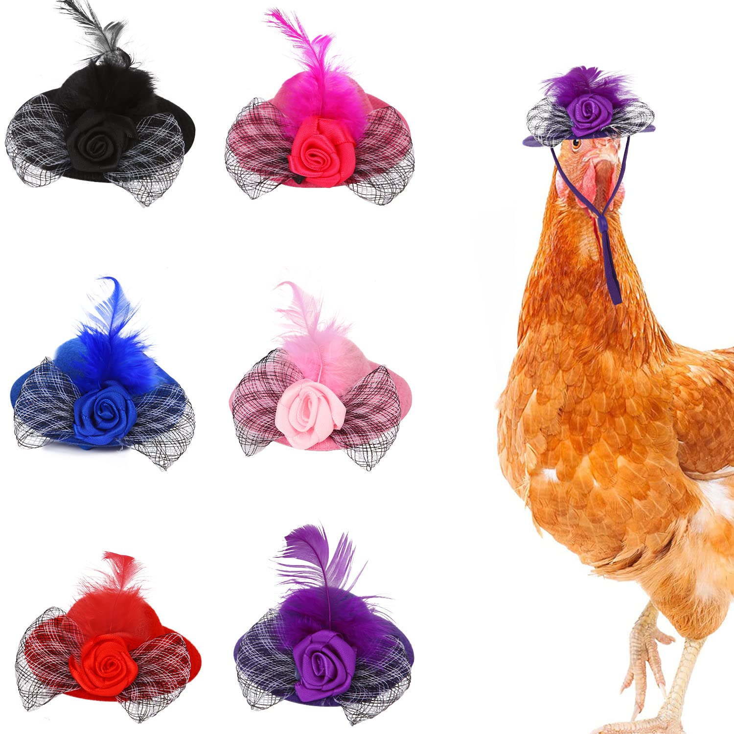 CCINEECCINEE 6 Pcs Chicken Hats for Hens Tiny Pets Animals Funny Chicken Accessories Mini Feather Top Hat with Adjustable Elastic Chin Strap and Rose for Hamster Parrot Bird Snake Animals Show Costum
