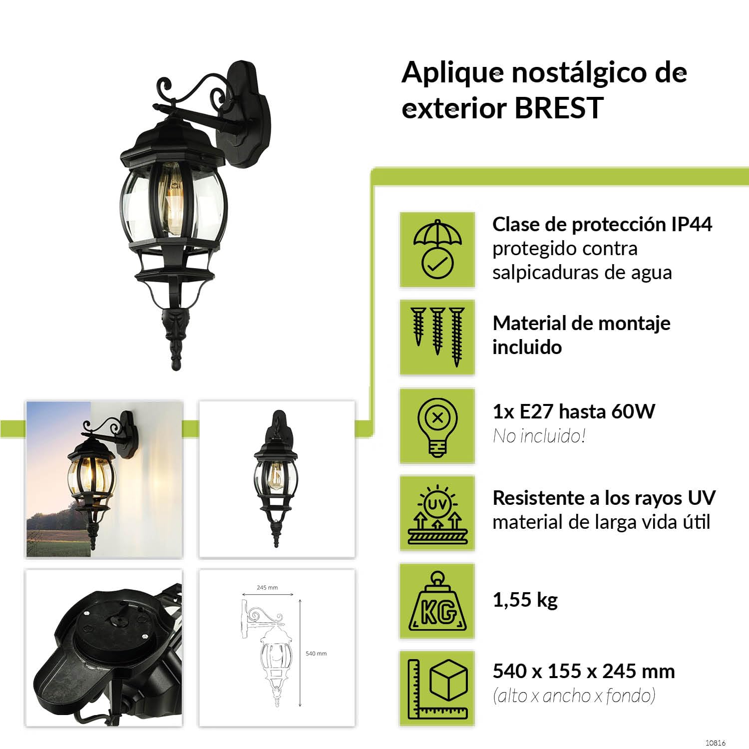 Licht-Erlebnisse Aplique exterior BREST de aluminio negro cristal E27 IP43 Lámpara de pared con brazo Farol de estilo rústico para jardín