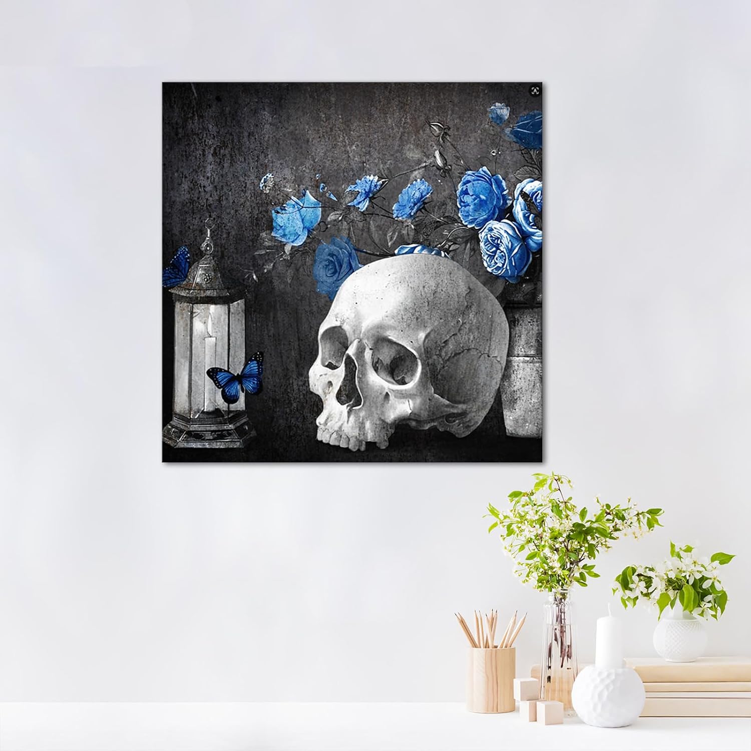ChaudArt Human Skull Head Canvas Wall Art Skeleton with Grey Blue Rose Rustic Art Prints for Vintage Artwork Home Bedroom Living Room Halloween Day Decoration Stretched and Framed