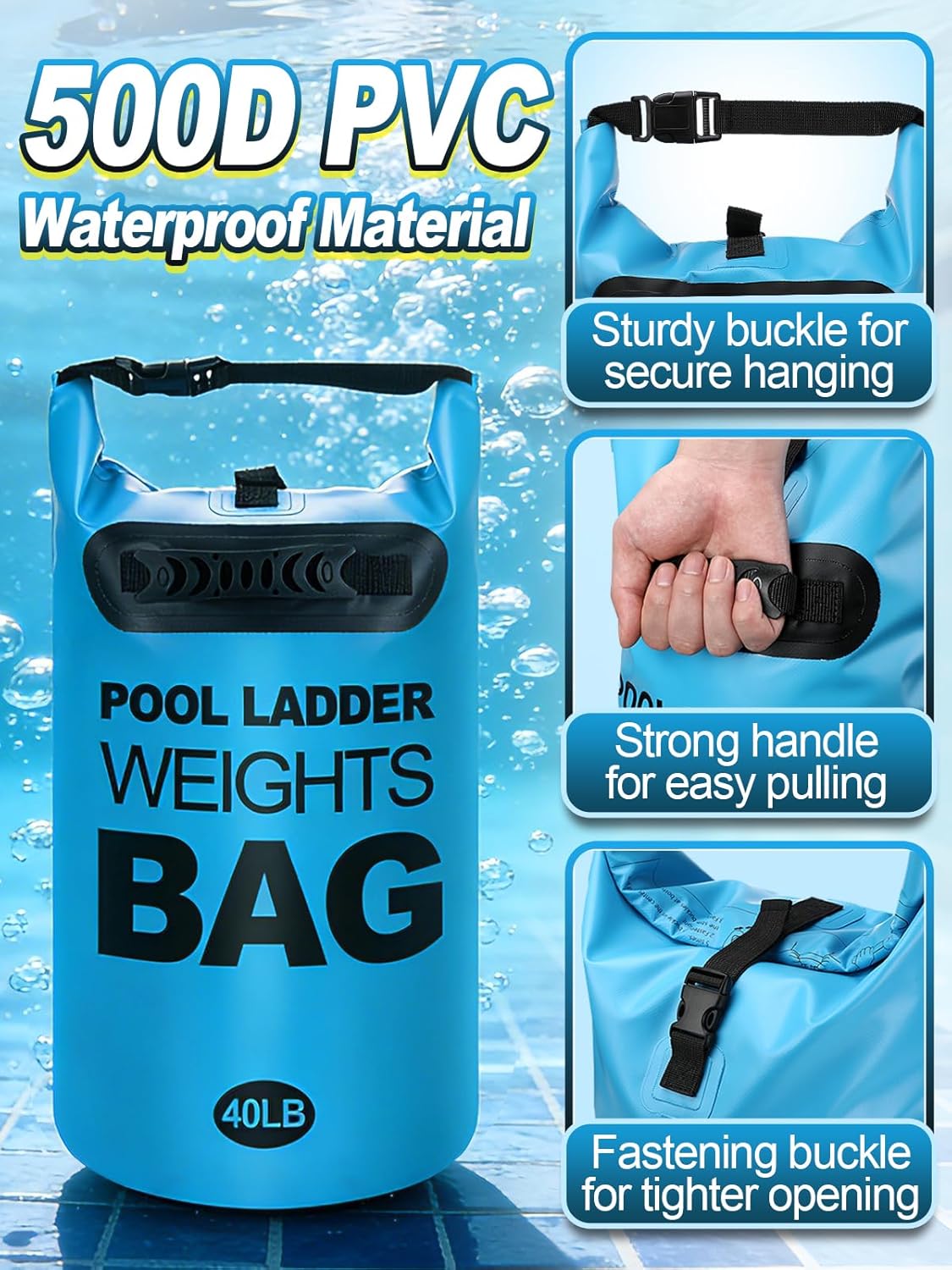 Cosweet 2 Pack Heavy Duty Pool Ladder Weights - 40lb Easy to Fill Anchor Bags, 500D PVC Waterproof Sand Bags with Handles & Secure Buckle Closure to Stabilize Above Ground Swimming Pool Steps