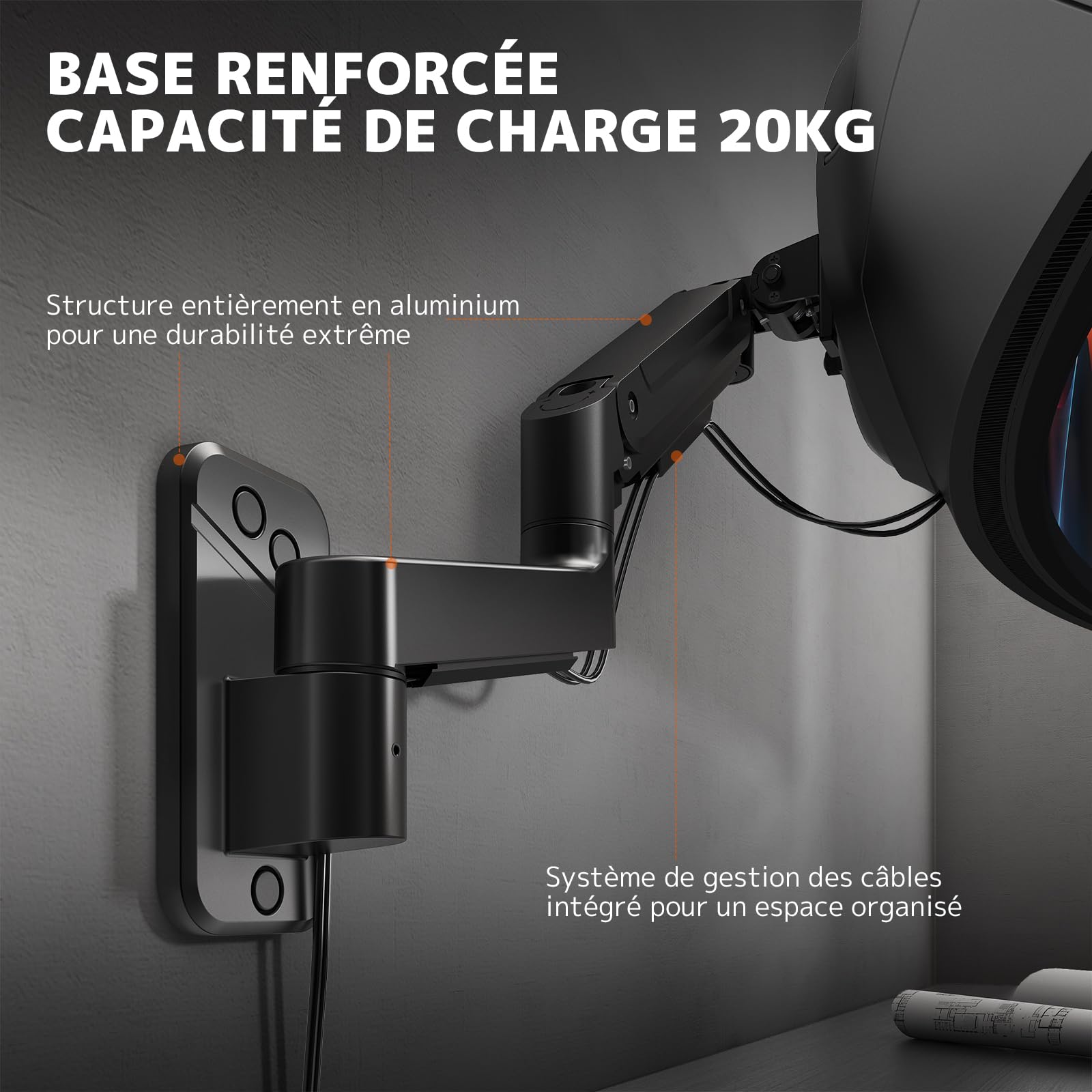 Support Mural Ecran PC pour Moniteurs de 17 à 49 Pouces, Bras Ecran PC à Ressort à Gaz, Inclinaison, Pivotement, Rotation et Hauteur Réglable, Max Load 20 KG, VESA 75/100 mm, Noir