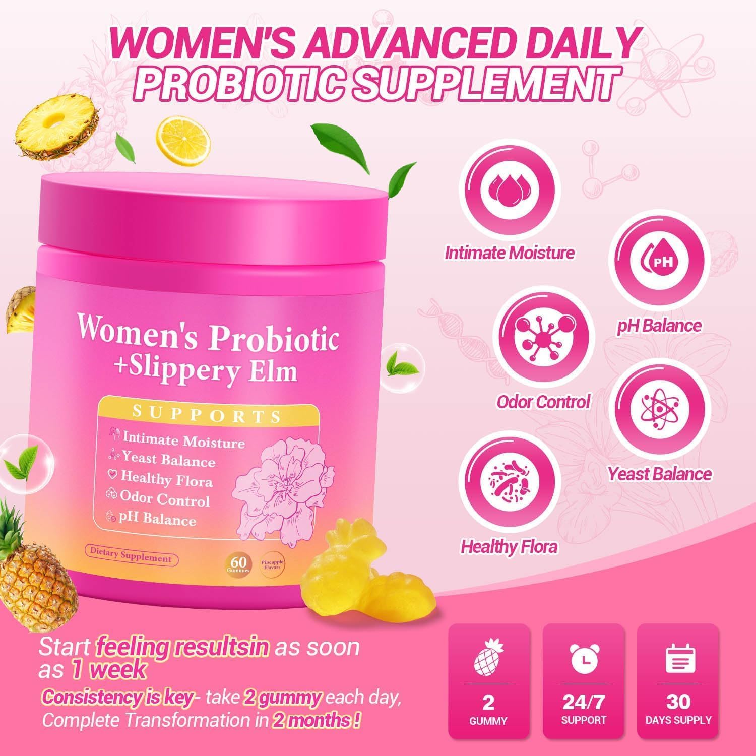 Her Juicy Feminine Probiotics Gummies, Premium Feminine Balance Gummies with Slippery Elm for Women's pH Balance, Healthy Odor, Flora and Immune Support – 60-Day Supply