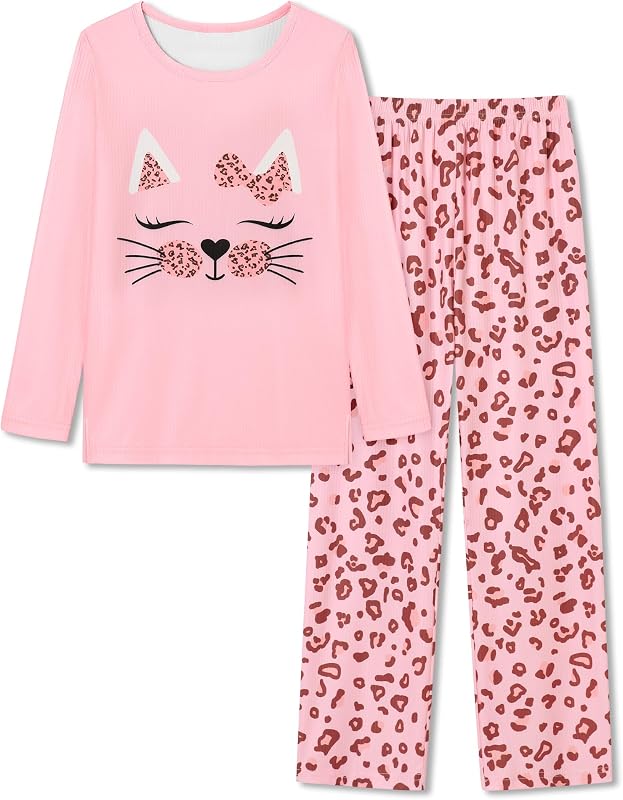 CARETOO Cute Printed Girls Pjs Set Long Sleeve Top Elastic Waist Pants Soft Stretch Sleepwear Loungewear for Big Kids 7-16