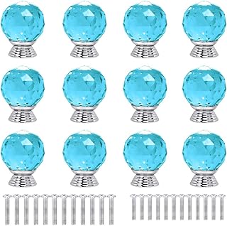ANJUU 12 Pcs 30mm Round Shape Crystal Glass Cabinet Knobs with Screws Drawer Knob Pull Handle Used for Kitchen, Dresser, Door, Cupboard (Azure)