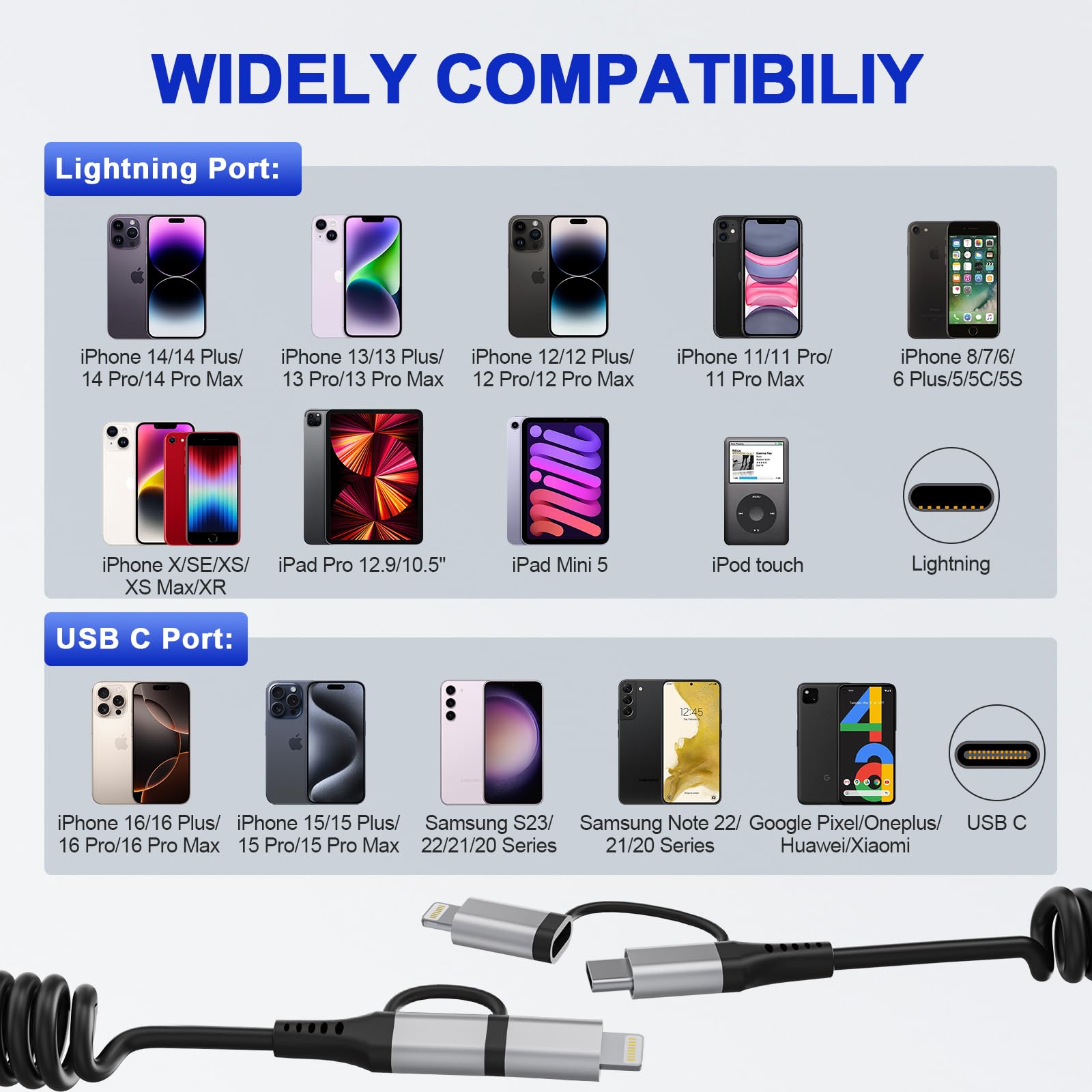 2 en 1 Cable Spirale Voiture pour Apple CarPlay et Android Auto [MFi & 3A Charge Rapide], Câble Multi USB avec Lightning USB C Câble pour iPhone 16/15/14/13/12/11/Galaxy/Huawei/Google Pixel