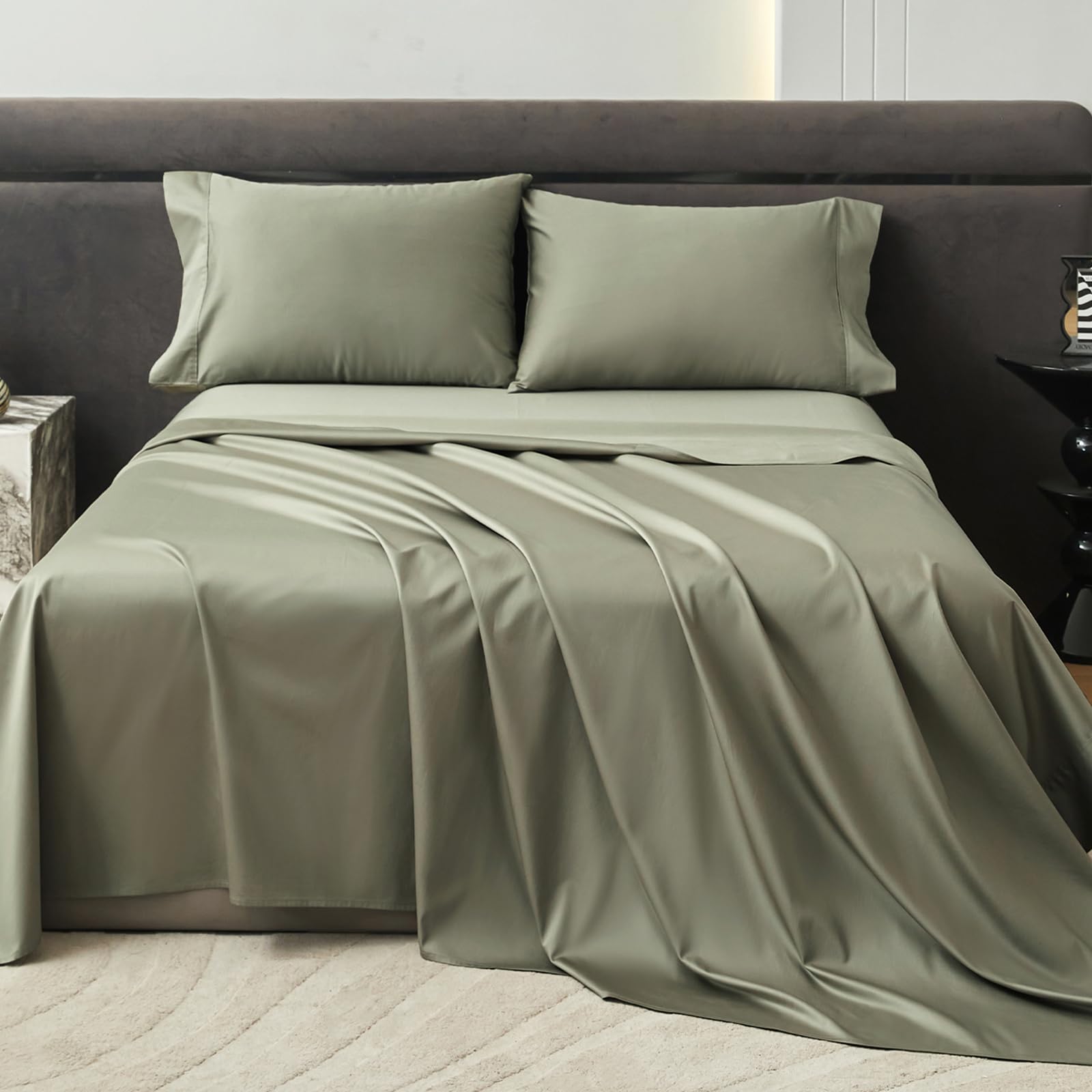 Parure de lit 4 pièces satin de coton 800 fils grand lit olive