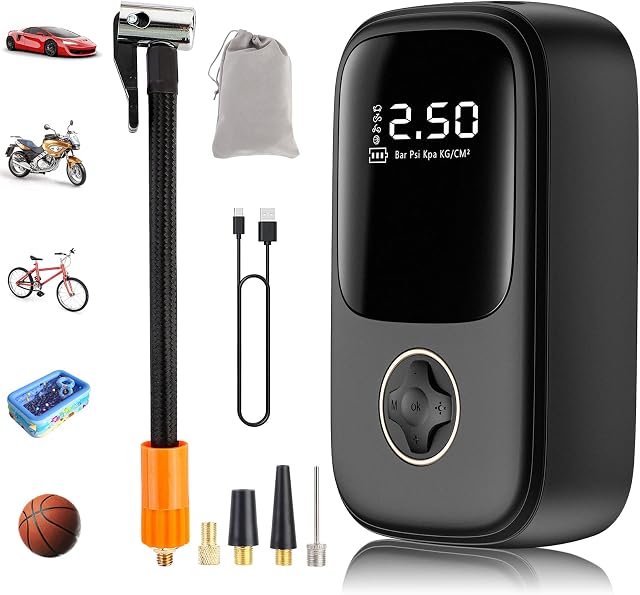 HOMELYLIFE Tyre Inflator Air Compressor, 150PSI Electric Bike Pump 4000mAh Rechargeable Cordless Car Tyre Pump Air Pump with Digital Gauge and Led Light for Car, Bicycle, Motorcycle, Ball