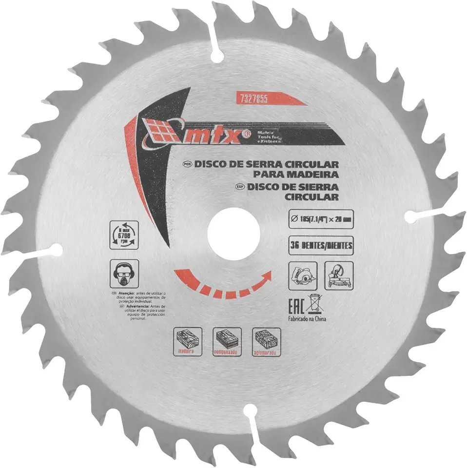 MTX Disco de Serra Circular Wídea 185 mm × 20 mm × 36 Dentes – Aço 65G, Corte Preciso em Madeira