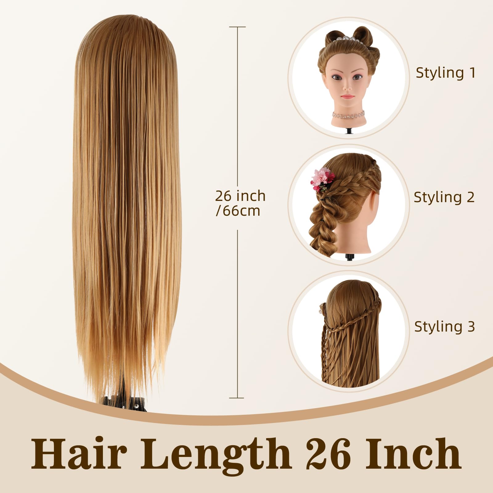 Cabeza maniquí Cabeza Peluqueria 100% de cabello sintéticas Cabeza Practica Peluqueria cabeza de muñeca con Soporte de Mesa + Accesorios de Peinado