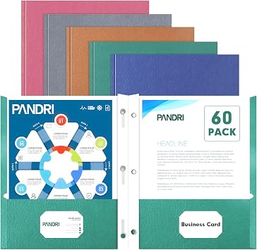 مجلدين جيب ، PANDRI 60 Pack مجلدين جيب مع شوكات ، 2 جيب 3 مجلدات شوكة مصممة للمكتب والفصل الدراسي ، حجم الرسالة ، 5 ألوان متنوعة
