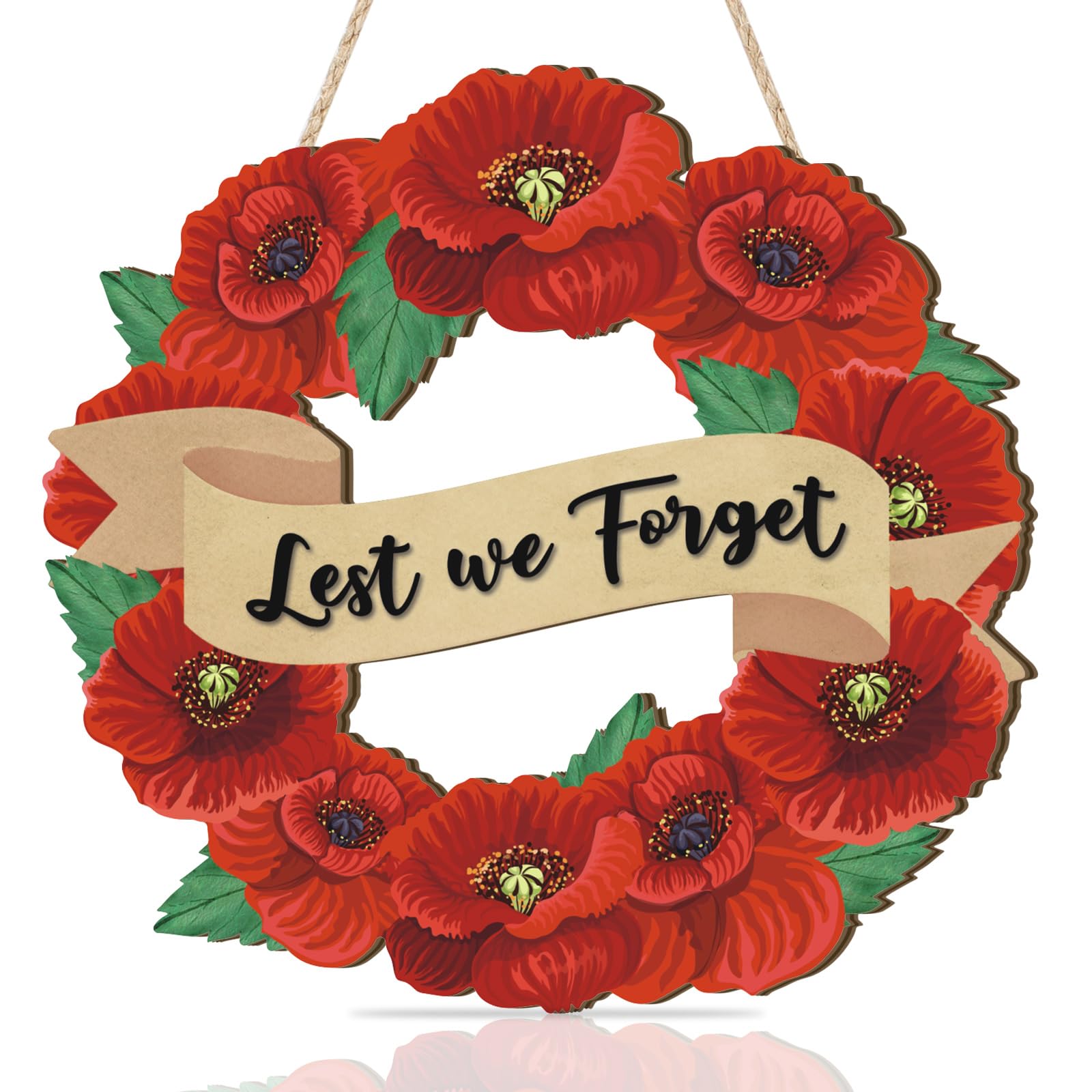 CHDITB Lest We Forget Wall Art,Lest We Forget Wooden Sign Plaque,Remembrance Day Decoratins with Poppy,Memorial Hanging sign for Home Indoor Outdoor,2025 Victory in Europe 80th Anniversary Decorations