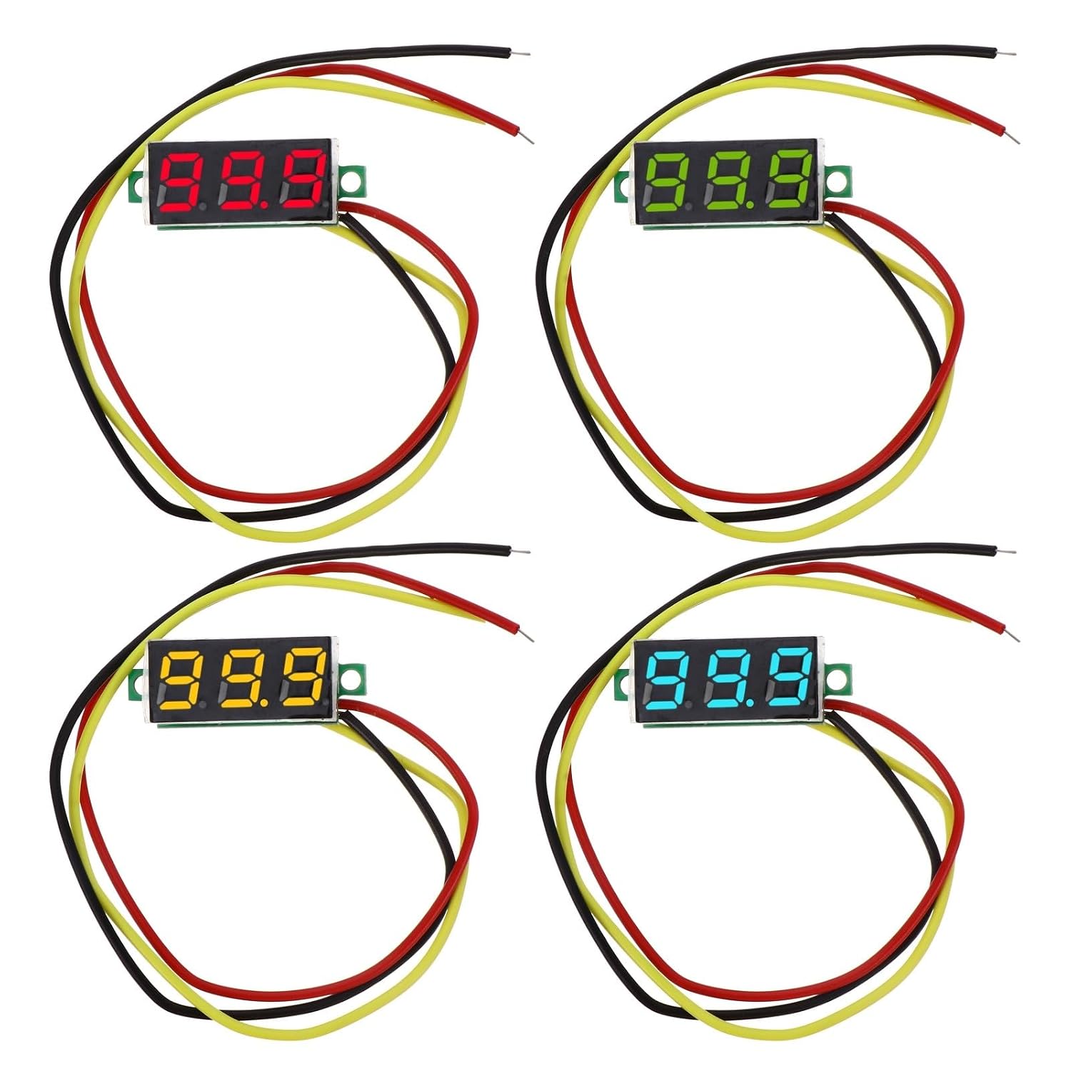 GALPADA 4pcs 0.28 Inch Digital Dc 0-100v Voltmeter Gauge Three-Wire Mini Battery Voltage Meter with Red Green Yellow Blue for Car and Motorcycle Electrical Testing