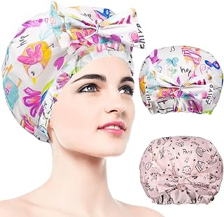 2 PCS Shower Caps, Reusable & Extra Large & Adjustable & Double Layer Waterproof Bow Knot Hair Reusable Cap for Women, Waterproof Outer & EVA Lining, for Shower, Spa, Makeup