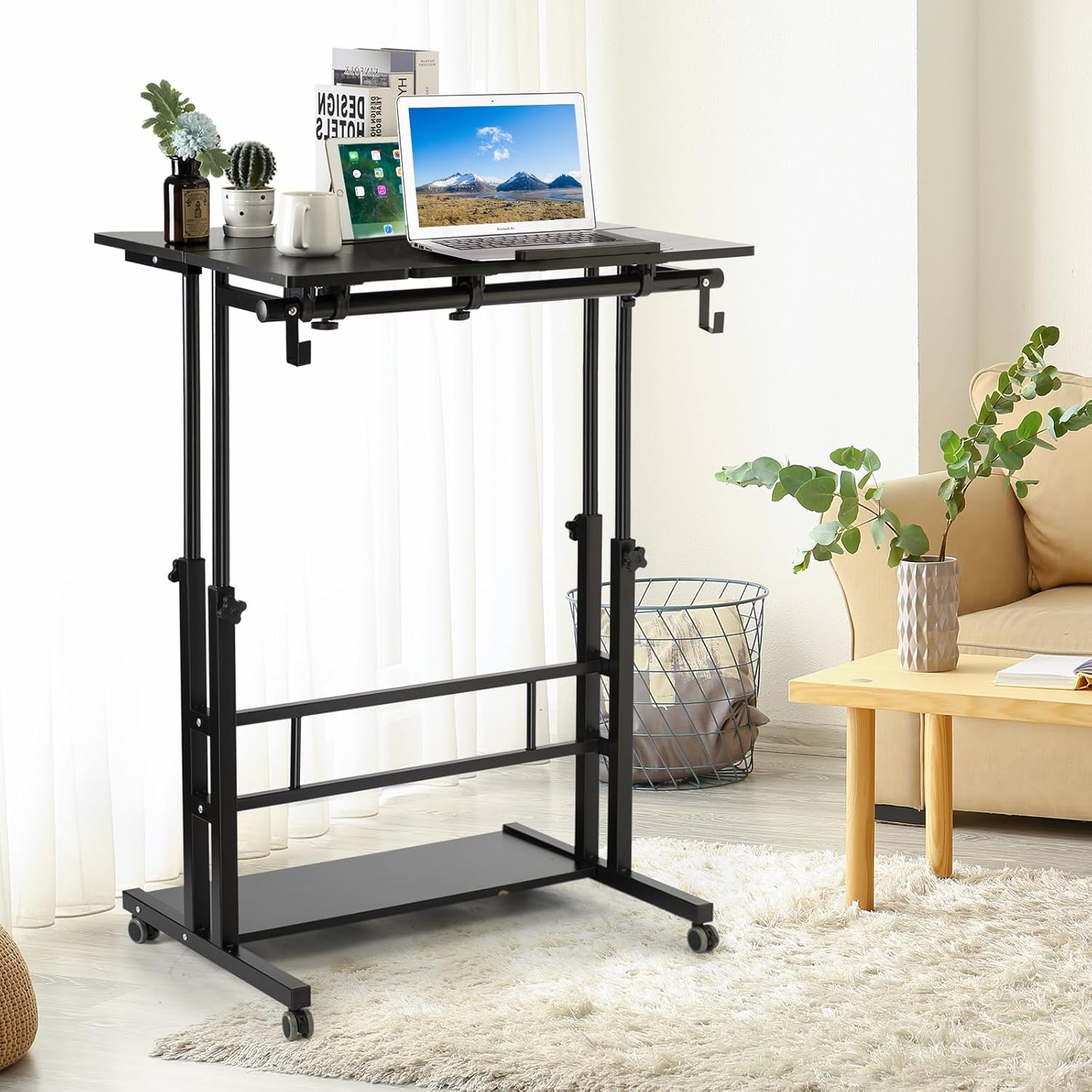 Hadulcet Mobile Standing Desk, Rolling Table Adjustable Computer Desk, Stand Up Laptop Desk Mobile Workstation for Home Office Classroom with Wheels, Black
