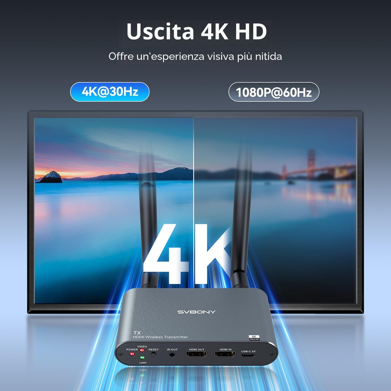 SVBONY TransAir2 HDMI Wireless, 4K a 30 Hz, Portata 300m, Supporta da 1 TX a 4 RX Max, Latenza 0,06s, Plug and Play, Trasmette Video da PC/Mac a TV HD