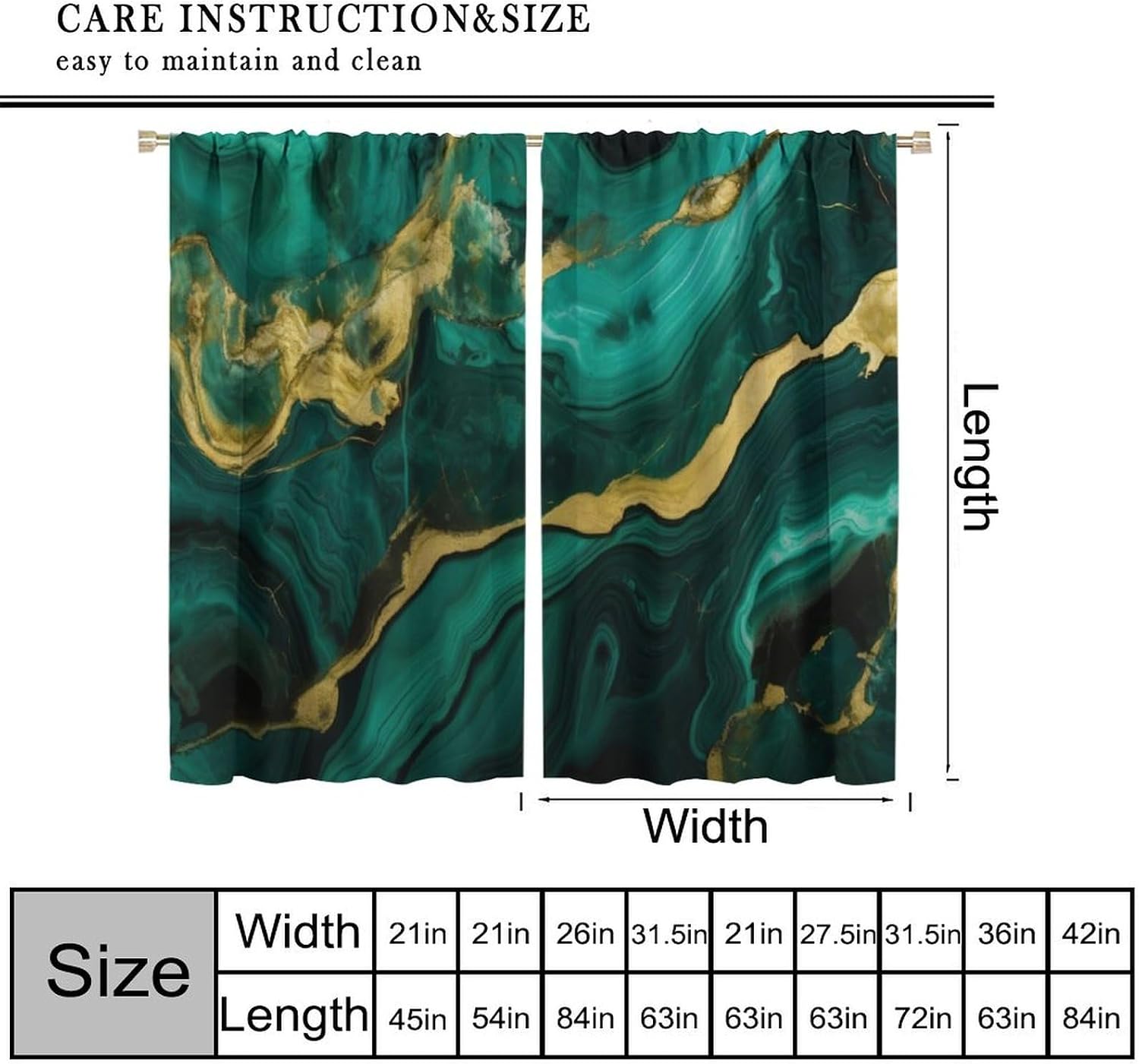 Marble Curtains, Emerald Green and Gold Abstract Marble Texture Pattern for Room Decor, Rod Pocket Print Drapes for Living Room Bedroom Kitchen 2 Panel Set 20.5" W X 45" L image 2