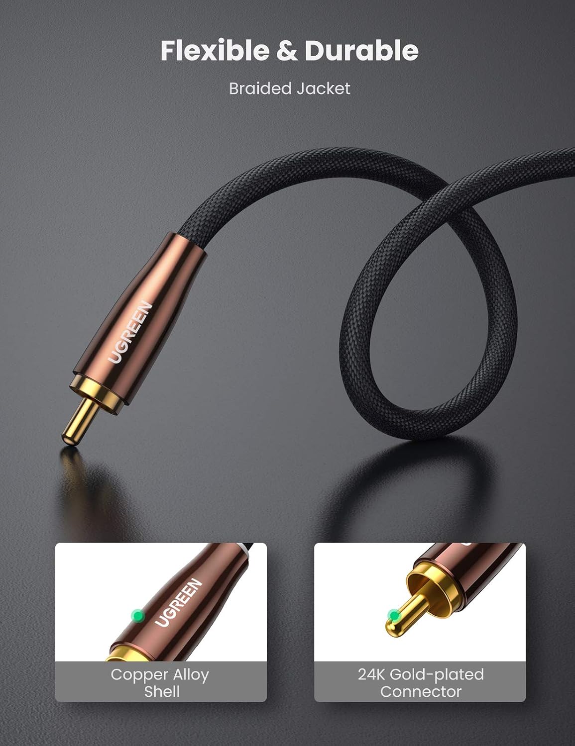 UGREEN Digital Audio Coaxial Cable 5.1 Surround Sound S/PDIF RCA to RCA Adapter Nylon Braided RCA Cable Audio Cord Compatible with Subwoofer Home Theater HDTV Amplifier Speaker Soundbar DVD, 6FT