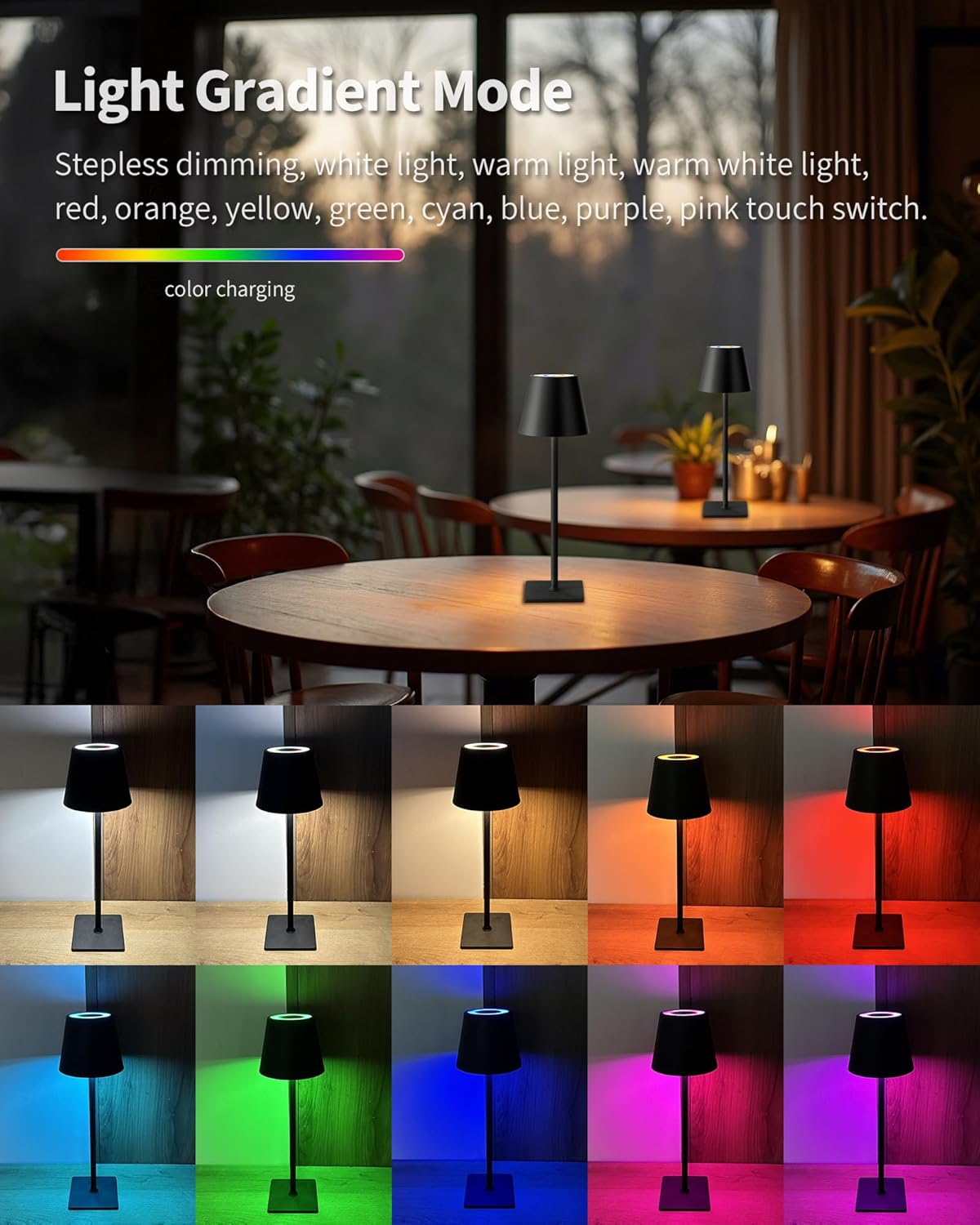 KDG 2 Pack Cordless Table Lamp, RGB Color Stepless Dimming Up, 4000mAh Battery Operated Portable LED Desk Lamp, for Dinning Room, Bedroom, Bar, Outdoor Garden, Camping, Night Light (Black) thumbnail