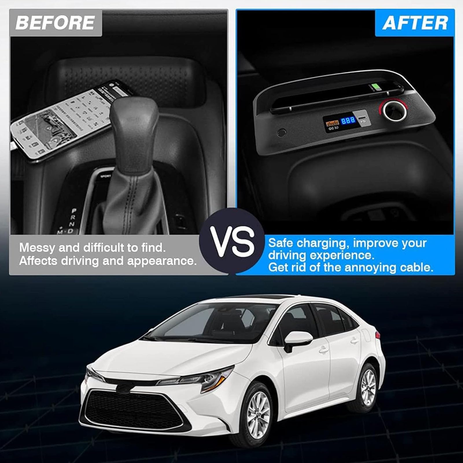 Cargador De Coche Inalámbrico Accesorios De Consola Central Compatible con Toyota Corolla 2019-2022,Carga Rápida Qi De 15 W, con Puerto USB QC3.0,Regalo para Propietarios De Toyota