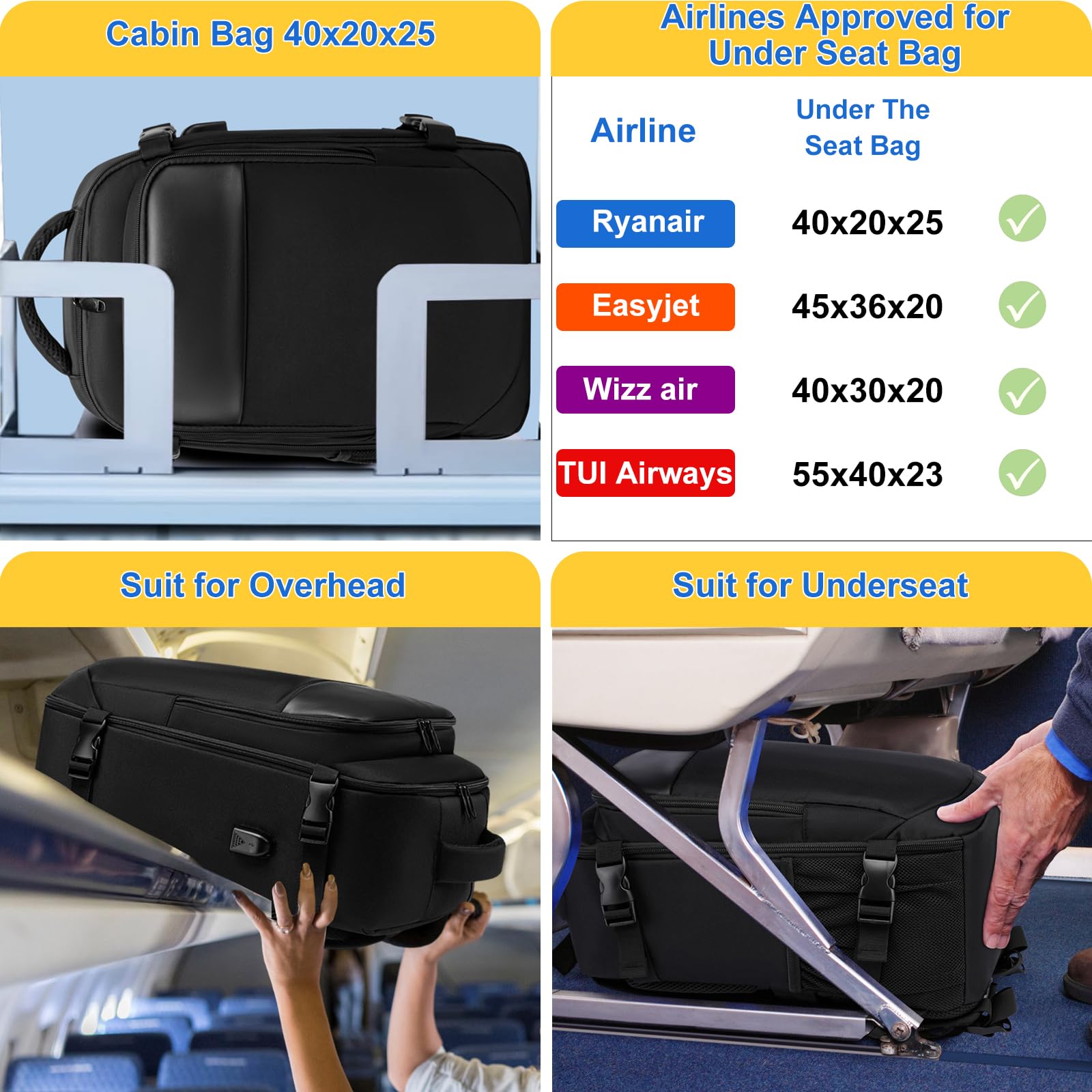 Zaino per Ryanair 40x20x25 Zaino da Viaggio Aereo 20L Borsa Cabina Bagaglio a Mano Borse Zaino da Viaggio Aereo Piccolo Borsa da Cabina per Voli Zaino Donna Uomo con Porta Ricarica USB, Nero