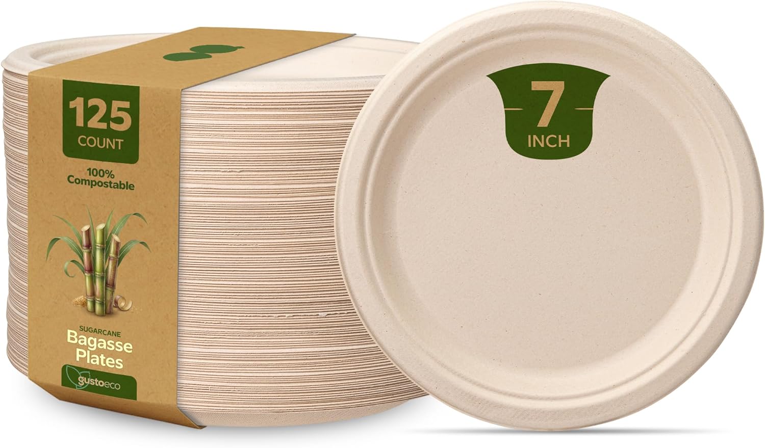 GUSTO [10 Inch -125 Count Heavy-Duty Kraft Paper Plates, 100% Compostable, Biodegradable, Disposable Sugarcane - Brown Unbleached