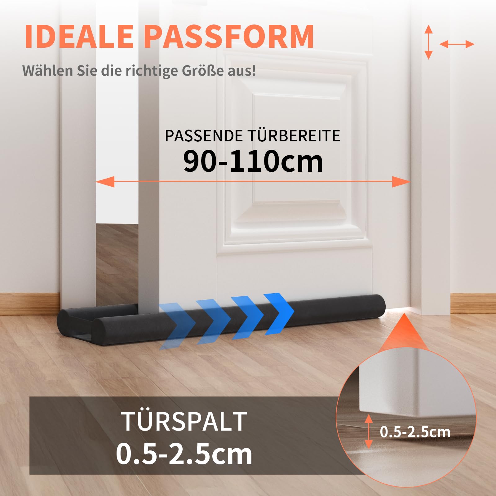 BKSAI Zugluftstopper für Türen Rückstandlos Türdichtung Haustür 60-110CM Windstopper Kälteschutz Schallschutz Unten Türbodendichtung Luftzugstopper gegen Zugluft, Schall & Insekten Waschbar