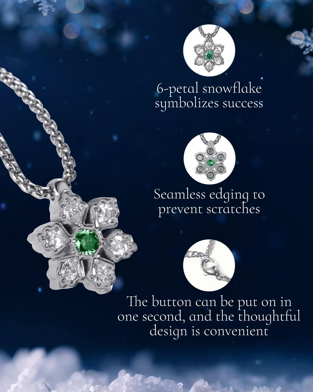 RainSo Women's Magnetic Snowflake Necklace - Stainless Steel Necklace - Deep Green Gemstone and Crystal Inlay Design - Adjustable Pendant - Includes Luxury Box