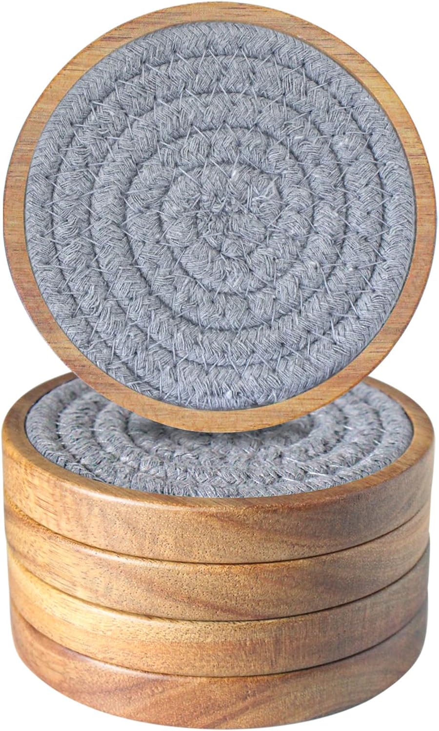 Drink Coasters Set of 5, Coasters for Drinks Absorbent, Wood Coasters for Coffee Table, Housewarming Gift for Farmhouse Home Decor,4 inches (Brown & Gray)