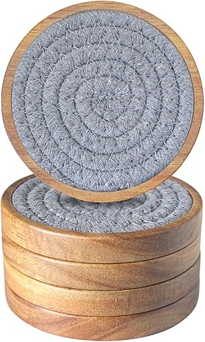 Miniatura 18 de Posavasos de madera para bebidas, juego de 5 posavasos absorbentes Eykao, posavasos tejidos para bebidas para mesa de café, regalo para inauguración