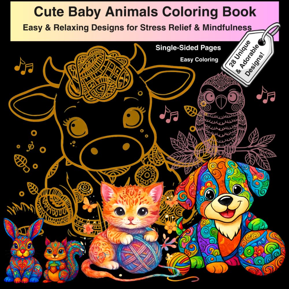 Cute Baby Animals Coloring Book: Easy & Relaxing Coloring Book with Simple Adorable Designs for Kids and Adults
