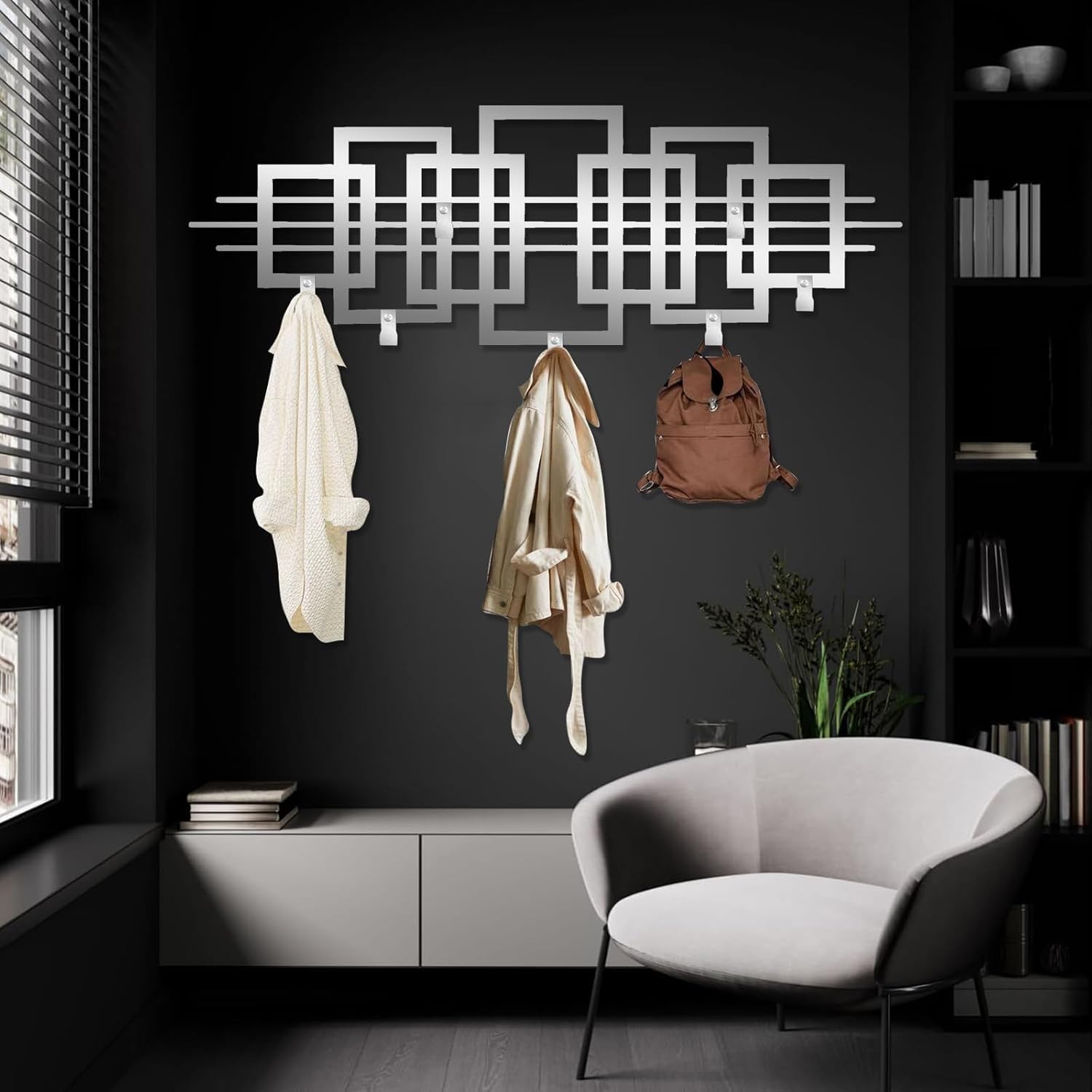 Square Metal Coat Rack, Luxury Modern Wall Mount, Geometric Square Metal Wall Mount, Geometric Clothes Hooks, Home Storage Hooks (Black, 12"x35"|30x90cm)