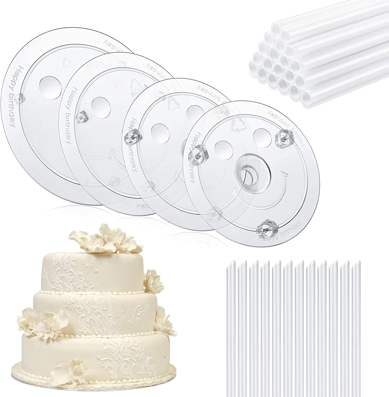 QPEY Cake Sticks Support Rods with Cake Board Drums,White Plastic Cake Separator Plates for Chic Multi-Tiered Cake in the Party,Wedding,Birthday,4PCS Plates with 32 PCS Rods