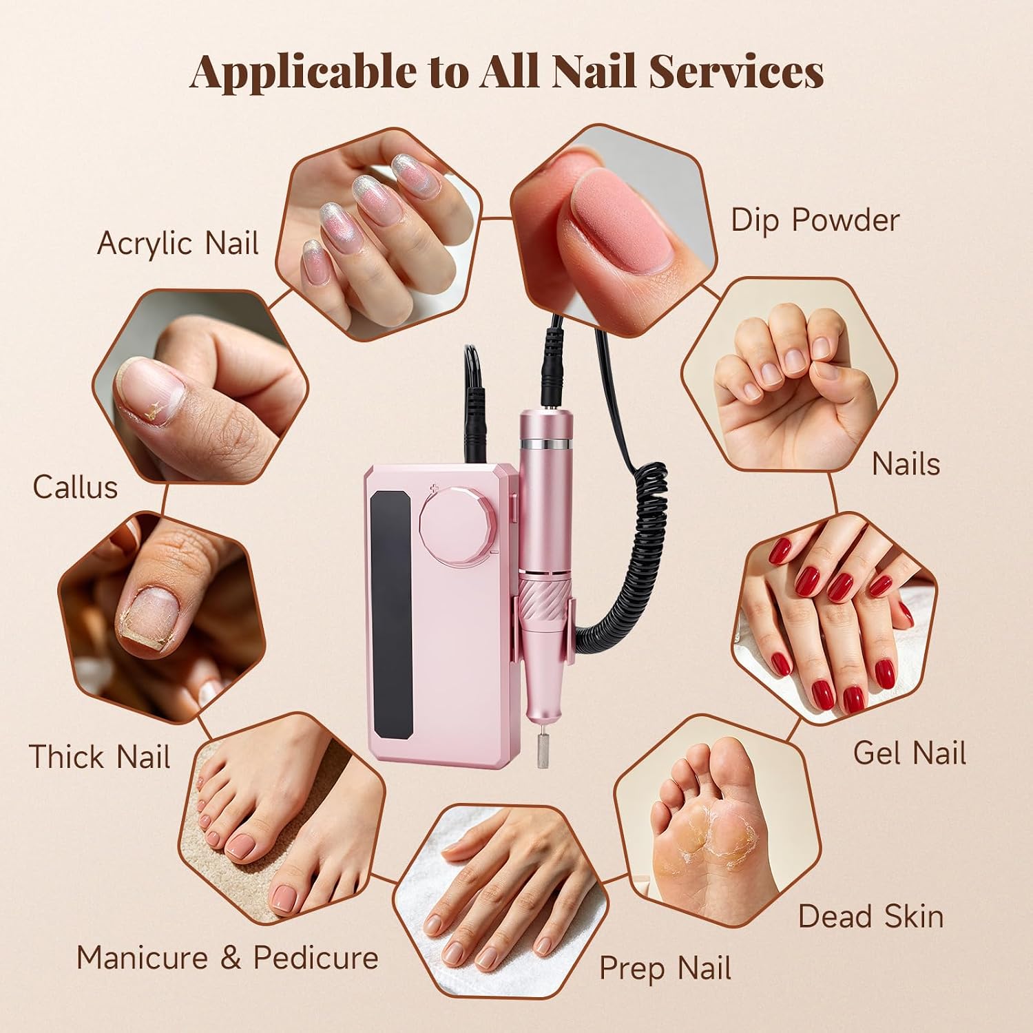 Electric Nail Drill 45000RPM Rechargeable, Professional Cordless Nail File Kit with 6 Drill Bits & 6 Sanding Bands for Acrylic Gel Nails, Manicure Pedicure Home Salon Use, Rose Gold