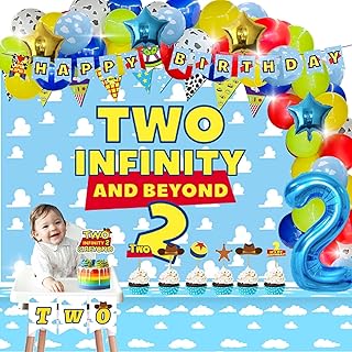 106 PCs Two Infinity and Beyond Birthday Decorations, Homond Toy Themed 2nd Birthday Decorations Balloon Garland Arch Backdrop Highchair Banner Tablecloth Cake Topper Blue