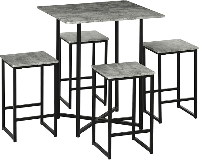 HOMCOM 5pc Bar Table Set, Square Dining Table Set for 4 People, Home Kitchen Breakfast Bar Set with Steel Frame and Footrest, Concrete Grey