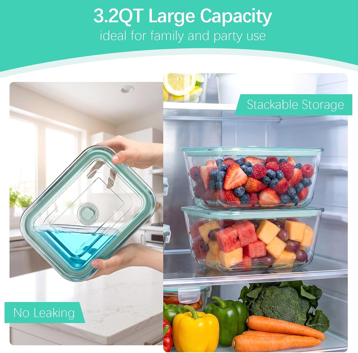 Blushtier 2 Pack 103 Oz/3000ml Extra Large Borosilicate Glass Food Containers with Airtight Lid, Baking Meal Prep Container Leakproof Glass Food Storage for Family Microwave Safe