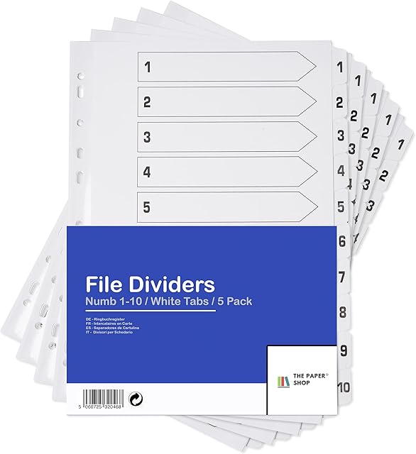 [5 Pack] A4 File Dividers 10 Part Numbered 1-10 White Tabs | A4 Subject Dividers 10 Part Numbered 1-10 with Multipunched Reinforced White Tabs 150gsm