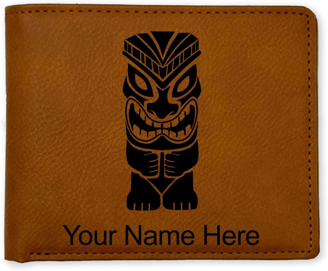 LaserGram Faux Leather Bi-Fold Wallet, Tiki Statue, Personalized Engraving Included (Dark Brown)