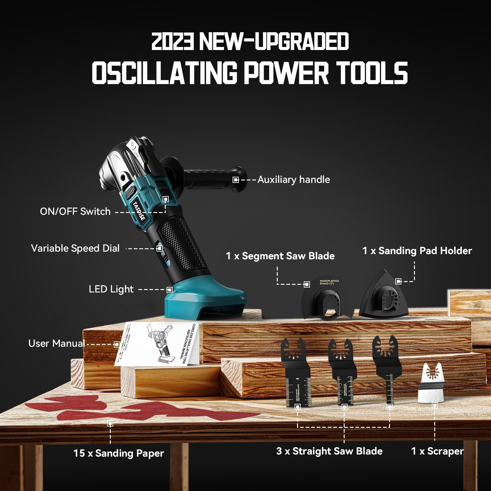 TASDISE Utensile Multifunzione Oscillante 350W, per Batteria Makita 18 V, 8500-21000RPM, 6 Velocità Regolabili, Strumento Multifunzione er Raschiatura, Taglio, Lucidatura, 21 Accessori, Senza Batteria